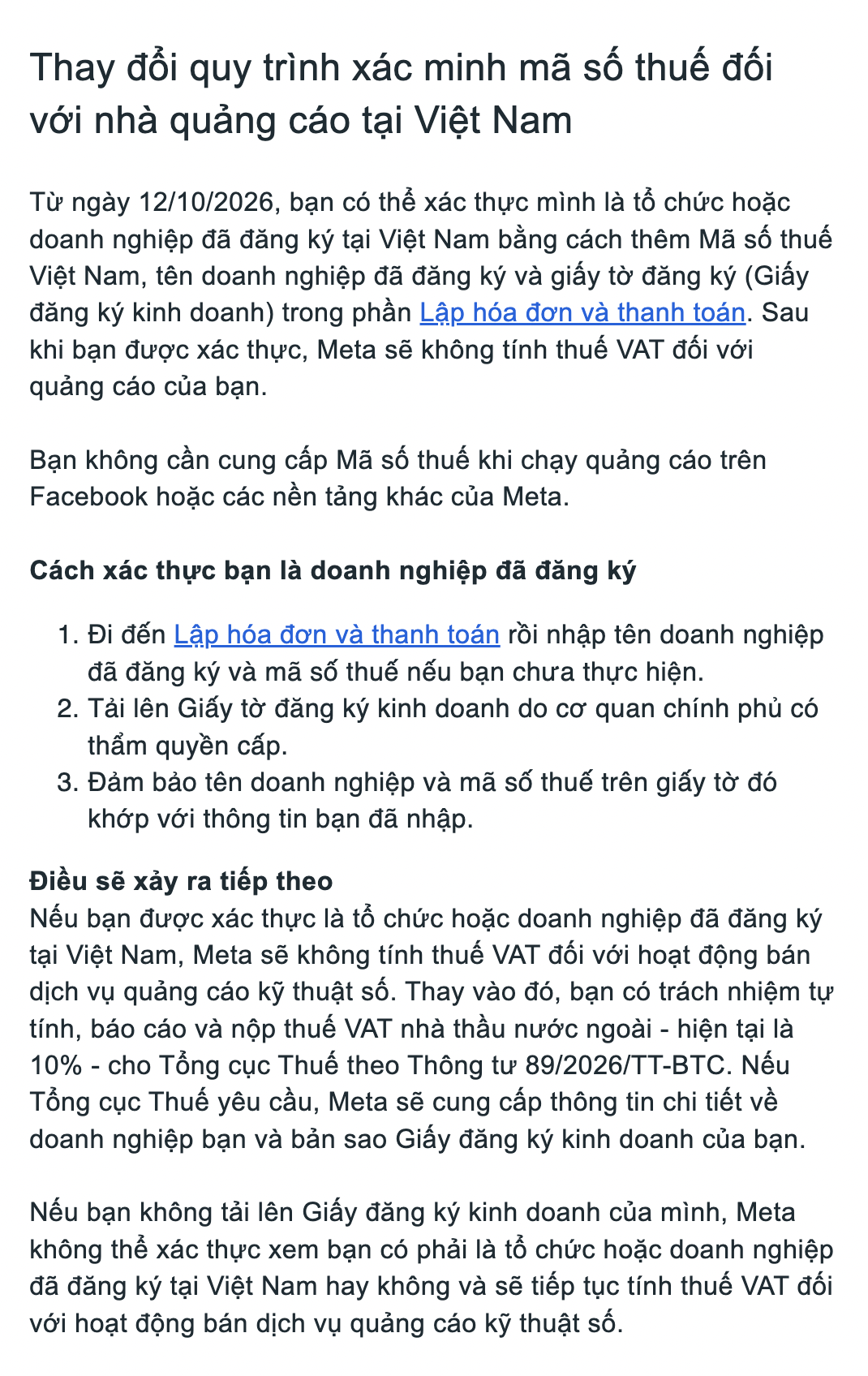 Meta thay đổi xác minh mã số thuế tại Việt Nam